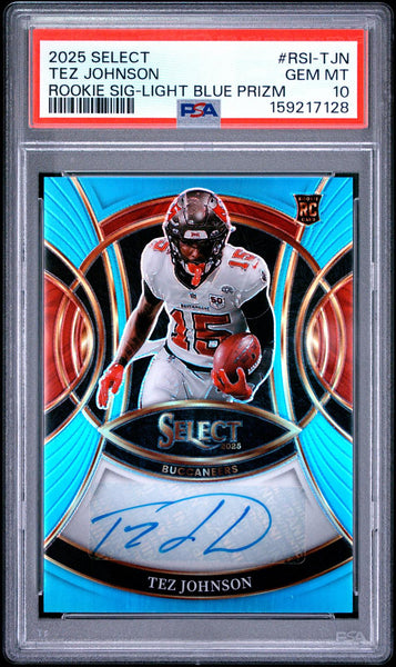 Tez Johnson - 2025 Panini Select Rookie Signatures Light Blue Prizm PSA 10 #/49