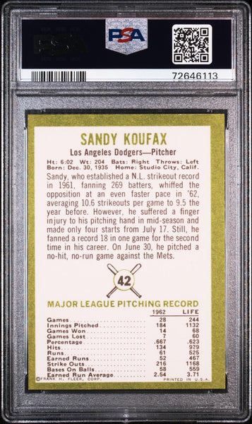 Sandy Koufax - 1963 Fleer #42 PSA 6