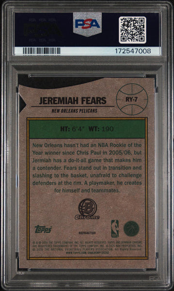 Jeremiah Fears 2025 Bowman Chrome Rookie Of The Year Favorites Refractor PSA 10