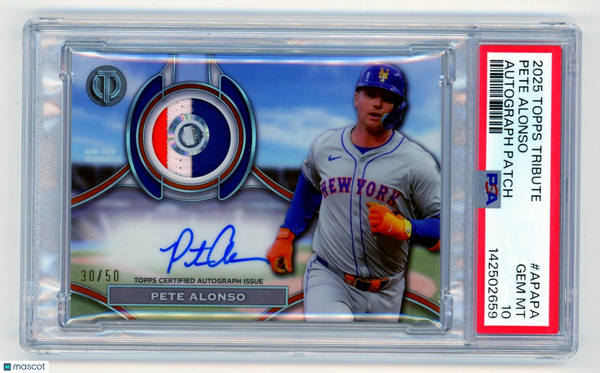 Pete Alonso - 2025 Topps Tribute Game Used Auto Patch 30/50 Mets PSA 10