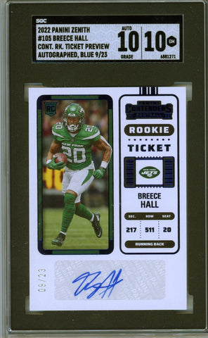 BREECE HALL - 2022 Football Zenith Contenders Preview Ticket Blue Auto 9/23 SGC 10/10