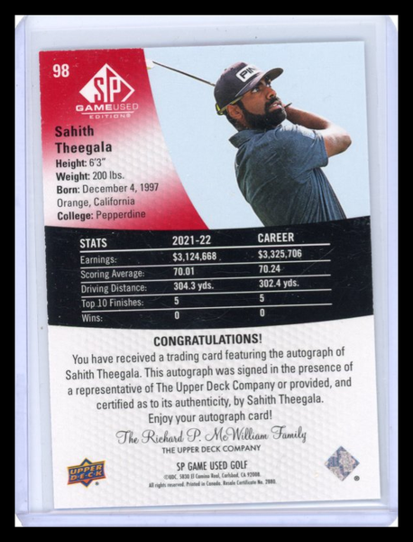 Sahith Theegala - 2022 Upper Deck SP Game Used Golf 12/15 Red Auto