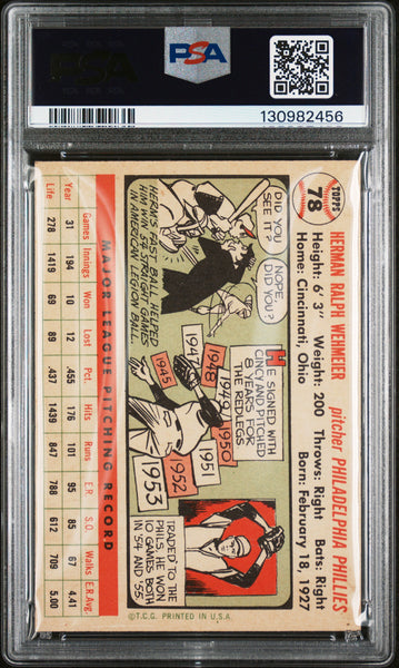 Herman Wehmeier - 1956 Topps White Back PSA 3