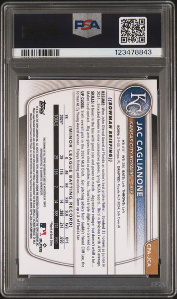 Jac Caglianone - 2025 Bowman Chrome Autographs Blue X Fractor PSA 9 008/150