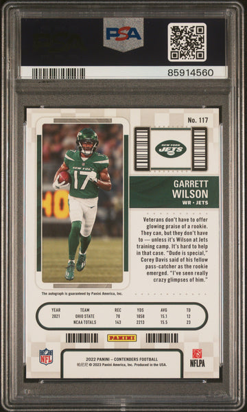 Garrett Wilson 2022 Panini Contenders Auto Cracked Ice PSA 10 /22 Pop 1 Rookie