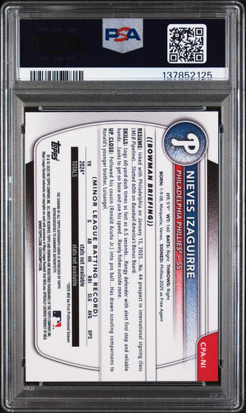 Nieves Izaguirre - 2025 Bowman Chrome Prospect Autographs Orange Ref PSA 9 24/25