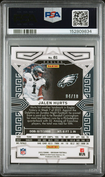 Jalen Hurts - 2023 Panini Obsidian Ee Asia Gold Flood PSA 9 4/10