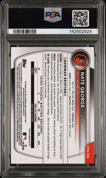 Nate George - 2025 Bowman Chrome Prospect Autographs Speckle Ref PSA 9 085/299