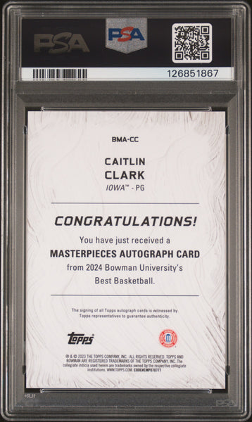 Caitlin Clark - 2023 Bowman Best Bowman Masterpieces Auto Gold Ref PSA 9 44/50