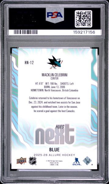 Macklin Celebrini - 2025 Upper Deck Allure Hues Next Blue PSA 10