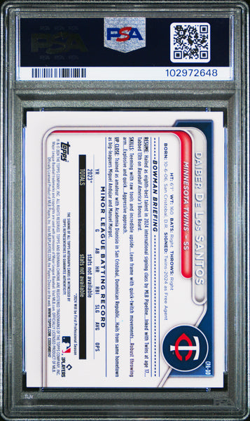 Daiber De Los Santos - 2024 Bowman Chrome Prospect Autographs Yellow Ref PSA 9