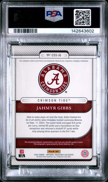Jahmyr Gibbs 2023 National Treasures Silhouettes Auto Rookie Purple PSA 8 01/25