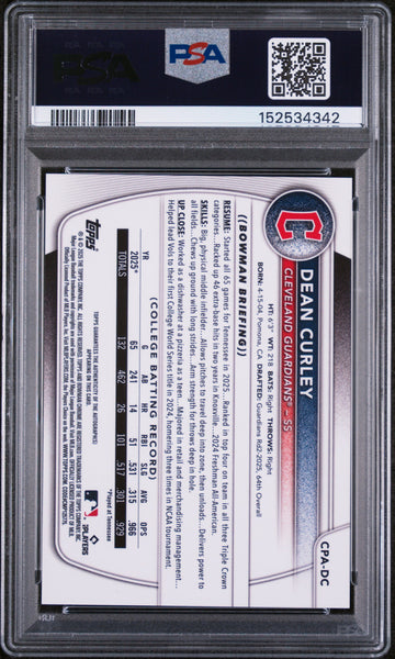 Dean Curley - 2025 Bowman Draft Chrome Prospect Autographs Green Lava PSA 9 /99 21/99