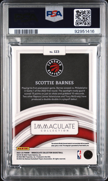 Scottie Barnes 2021 Panini Immaculate Gold RPA Patch Auto PSA 8 04/10 JSY #