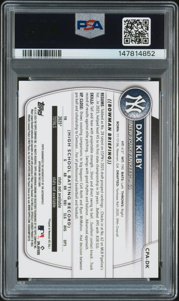 Dax Kilby - 2025 Bowman Draft Chrome Prospect Autographs PSA 9