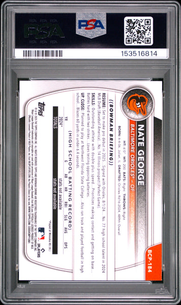Nate George - 2025 Bowman Chrome Sapphire Edition Prospects Yellow PSA 9 28/75