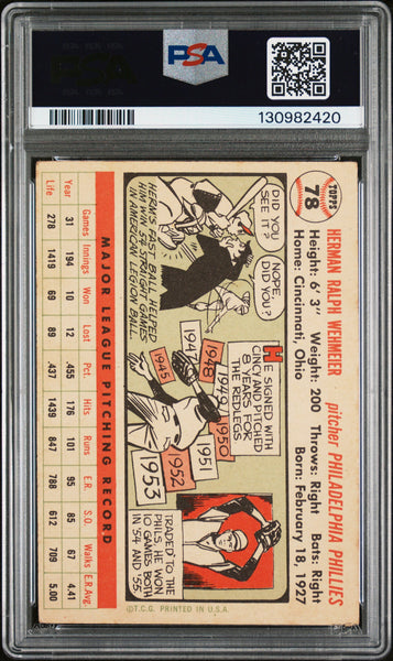 Herman Wehmeier - 1956 Topps White Back PSA 4