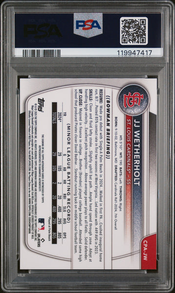 JJ Wetherholt - 2025 Bowman Chrome Prospect Autographs Gold Ref PSA 9 03/50