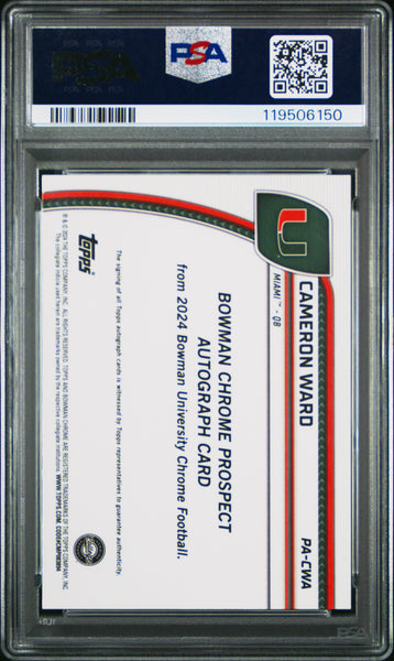 Cameron Ward - 2024 Bowman  Chrome Prospect Autographs Yellow Ref PSA 9 70/75