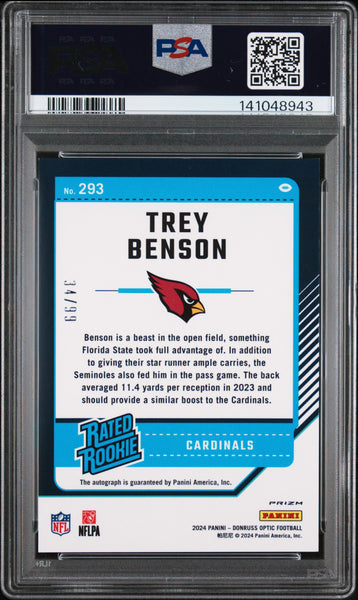 Trey Benson - 2024 Panini Donruss Optic Autograph Blue PSA 9 34/99