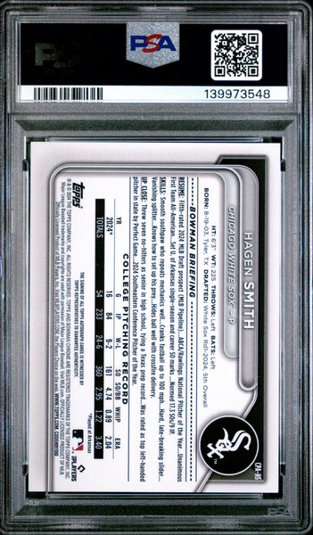Hagen Smith - 2024 Bowman Draft Chrome Prospect Auto Purple Ref PSA 10 242/250