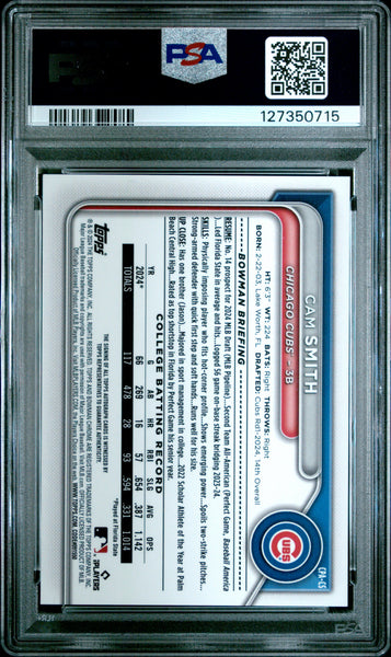 Cam Smith - 2024 Bowman Draft Chrome Prospect Autograph Purple Ref PSA 9 141/250