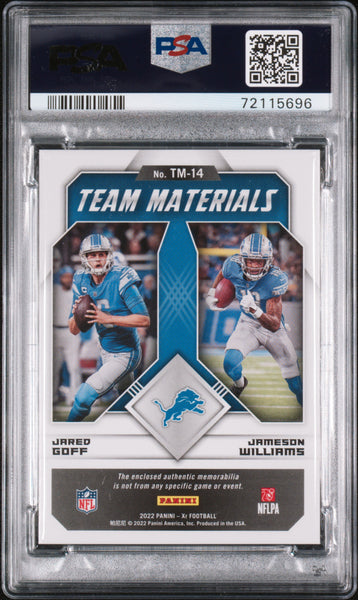 J. Goff J. Williams - 2022 Panini XR Team Materials Gold PSA 9