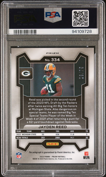 Jayden Reed - 2023 Panini Prizm Autograph Green Scope PSA 10