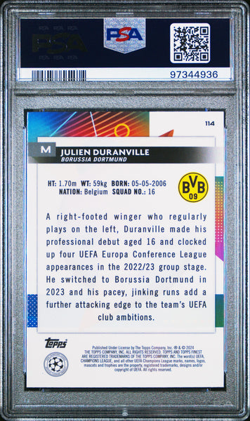 Julien Duranville - 2023-24 Topps Finest UEFA  Rose Gold Refractor PSA 10 70/75