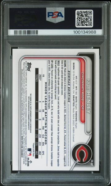 Kyle Henley - 2024 Bowman Chrome Prospect Autographs Yellow Ref PSA 9 06/75