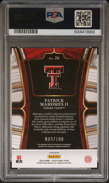 Patrick Mahomes II - 2023 Panini Select Draft Picks Black & Gold Squares Prizm PSA 10