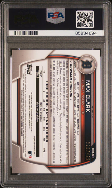 Max Clark 2023 Bowman Draft Chrome Prospect Autograph Refractor PSA 9 /499