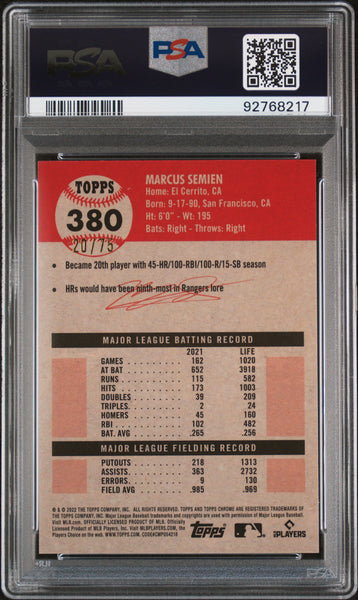 Marcus Semien 2022 Topps Chrome Platinum Rose Gold Diamond PSA 9 20/75