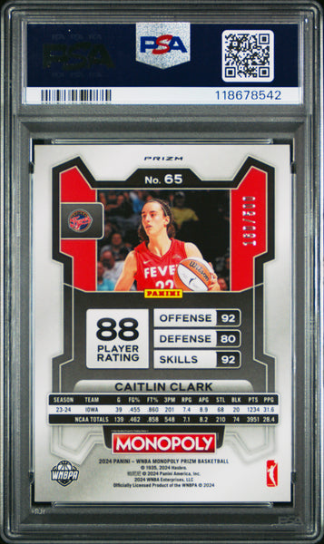 Caitlin Clark 2024 Panini Prizm Monopoly Gold Millionaire Shimmer PSA 9 /500