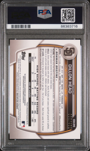 Dillon Head - 2023 Bowman Draft Chrome Prospect Auto Refractor PSA 10 89/499