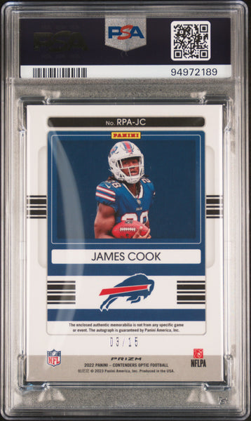 James Cook - 2022 Contenders Optic Rookie Patch Auto Green Pulsar /15 PSA 8