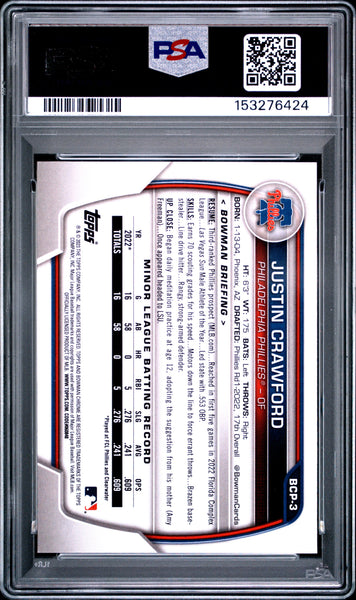 Justin Crawford - 2023 Bowman Sapphire Edition Chrome Prospects PSA 9