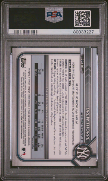 Drew Thorpe - 2022 Bowman Draft Chrome Draft Pick Autographs DP Blue Refractor PSA 10