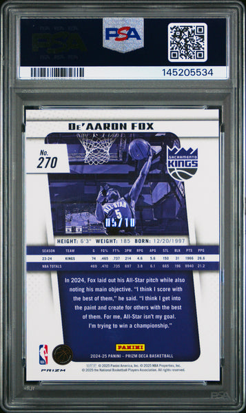 De'aaron Fox - 2024 Panini Prizm Deca Gold PSA 9