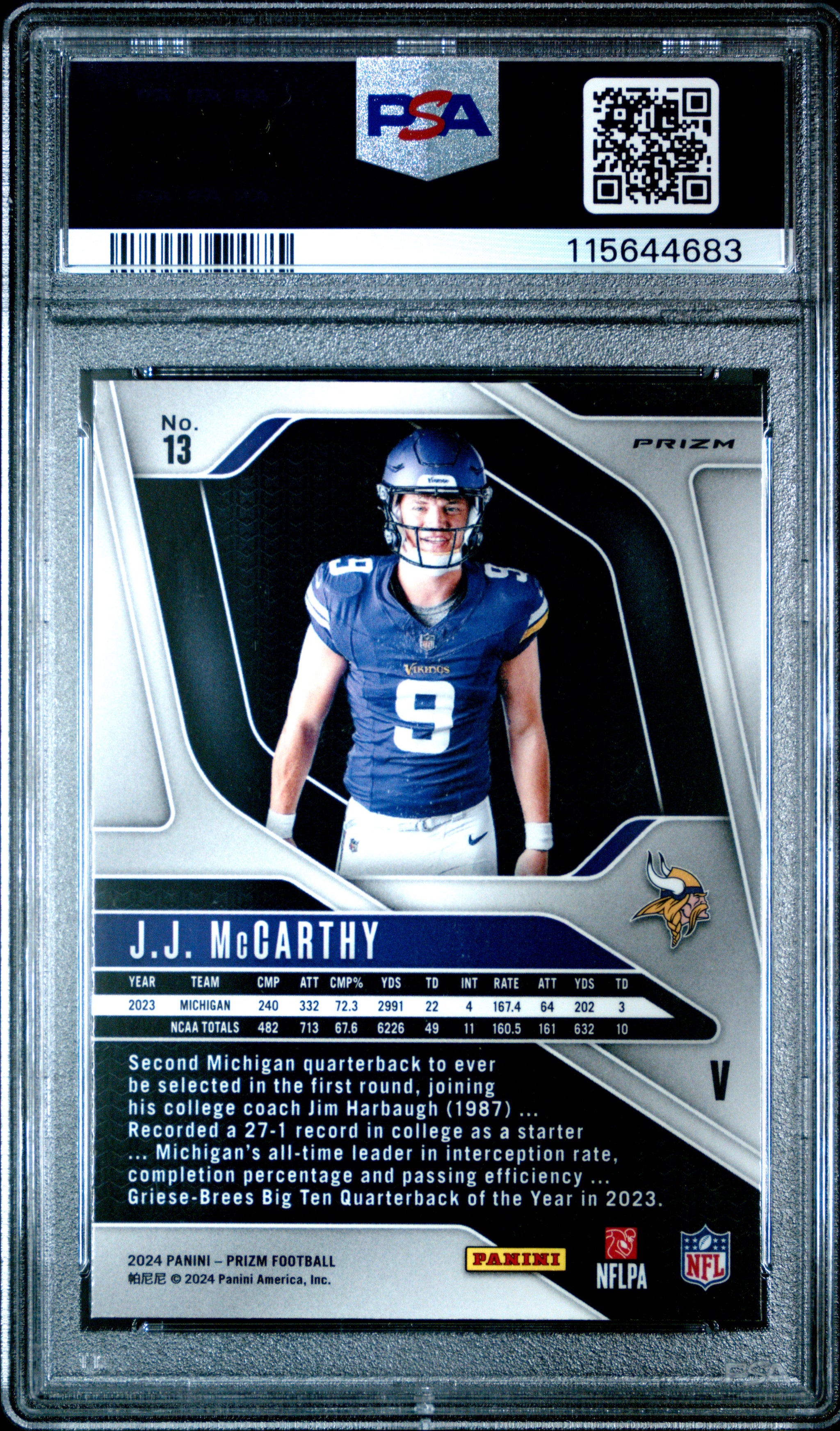 JJ Mccarthy - 2024 Panini Prizm Rookie Variation PSA 9