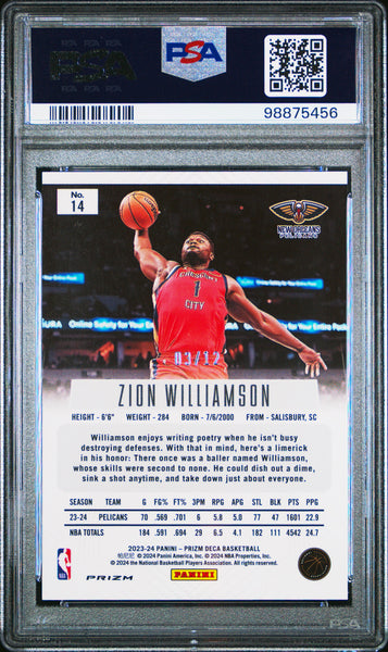 Zion Williamson - 2023 Panini Prizm Deca Green Shimmer Fotl PSA 10