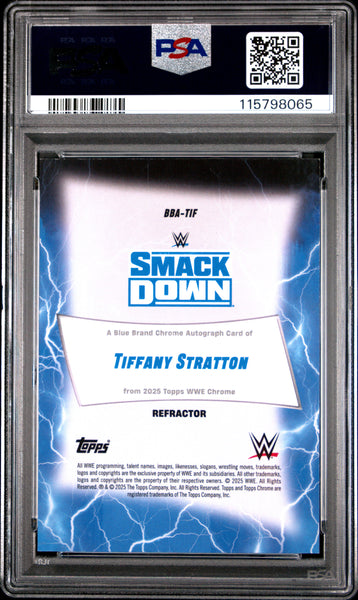 Tiffany Stratton - 2025 Topps Chrome WWE Blue Brand Chrome Autographs Ref PSA 9 154/175