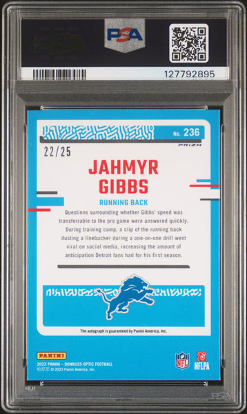 Jahmyr Gibbs - 2023 Panini Donruss Optic Autograph Black Pandora PSA 9 /25