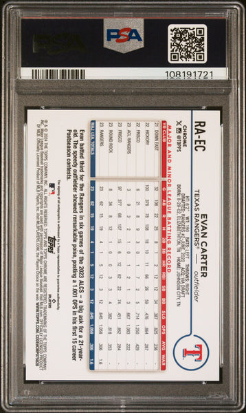 Evan Carter - 2024 Topps Chrome Rookie Autographs Purple Speckle Ref PSA 10 /299