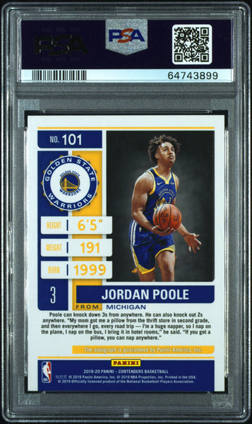 Jordan Poole 2019 Panini Contenders Cracked ice auto PSA 10 03/25 JSY #