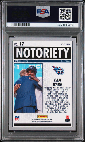 Cam Ward - 2025 Panini Mosaic Notoriety Pink Fluorescent Rookie #17 PSA 10