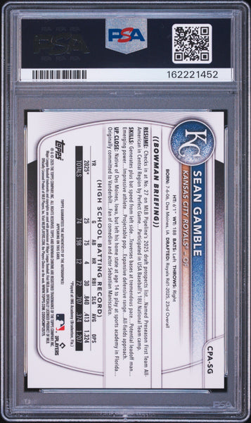 Sean Gamble - 2025 Bowman Draft Chrome Prospect Auto Purple PSA 9 /250