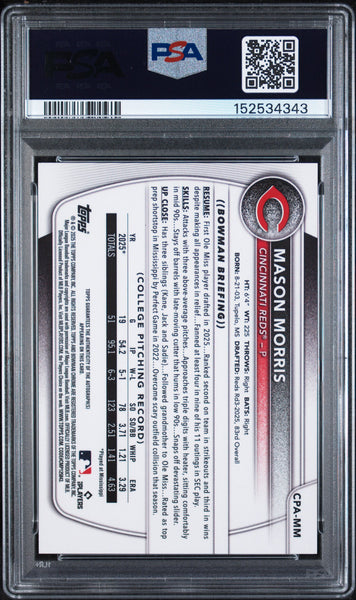 Mason Morris - 2025 Bowman Draft Chrome Prospect Autographs Gold Ink PSA 7 1/15