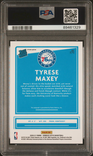 Tyrese Maxey - 2020 Panini Donruss Optic Autograph Purple PSA 9 on card