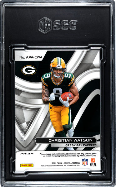 Christian Watson - 2022 Spectra Aspiring Patch Autograph Neon Purple  SGC 9.5